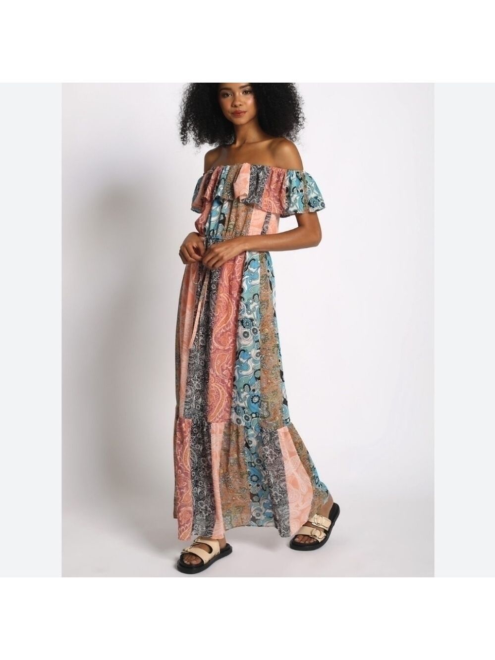 BOHO OFF SHOULDER PATCH PRINT MAXI DRESS Flounce Tie Waist Sz: L